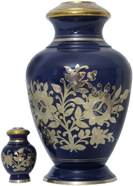 BRASS NAVY BLUE FLORAL URN